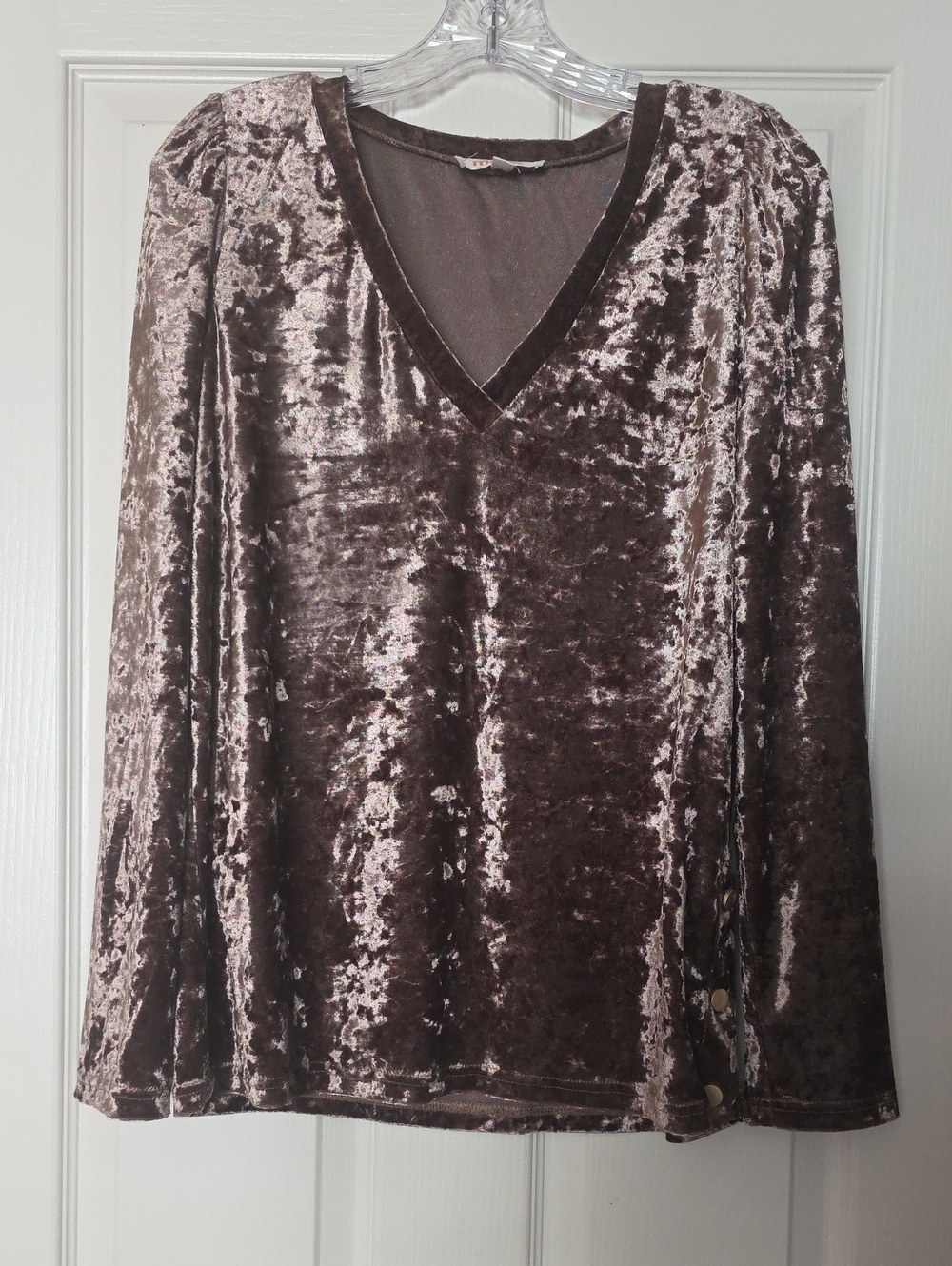Mazik Crushed Velvet V-Neck Long Sleeve Blouse Top Mocha Brown Sz M